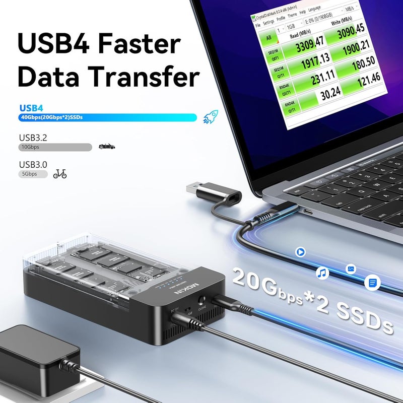 Mokin M.2 NVMe Enclosure Duplicator Dual-Bay Offline Clone Tool-Free,40Gbps USB4 NVMe SSD Enclosure with Cooling Fan Compatible with M4/Pro/MacBook Mac mini,Support 2230/2242/2260/2280 (UD1501) - Image 3